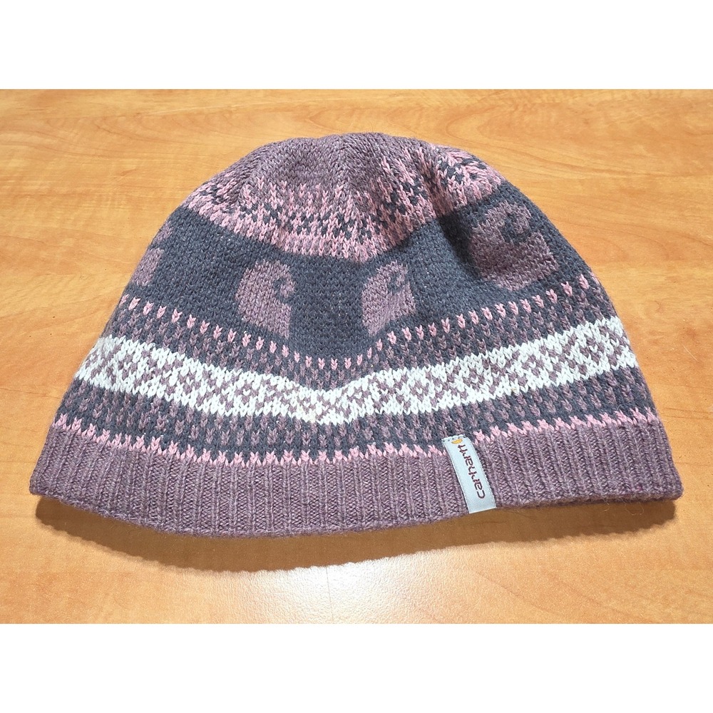 Carhartt Womens Fair Isle Knit Beanie Purple Pink Wool Blend Fleece Lined Hat